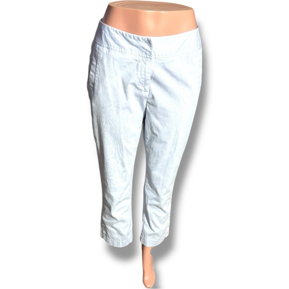 Rafaella Blue and White Pinstriped High Rise Cropped Capri Trousers with Buttons - Picture 12 of 16